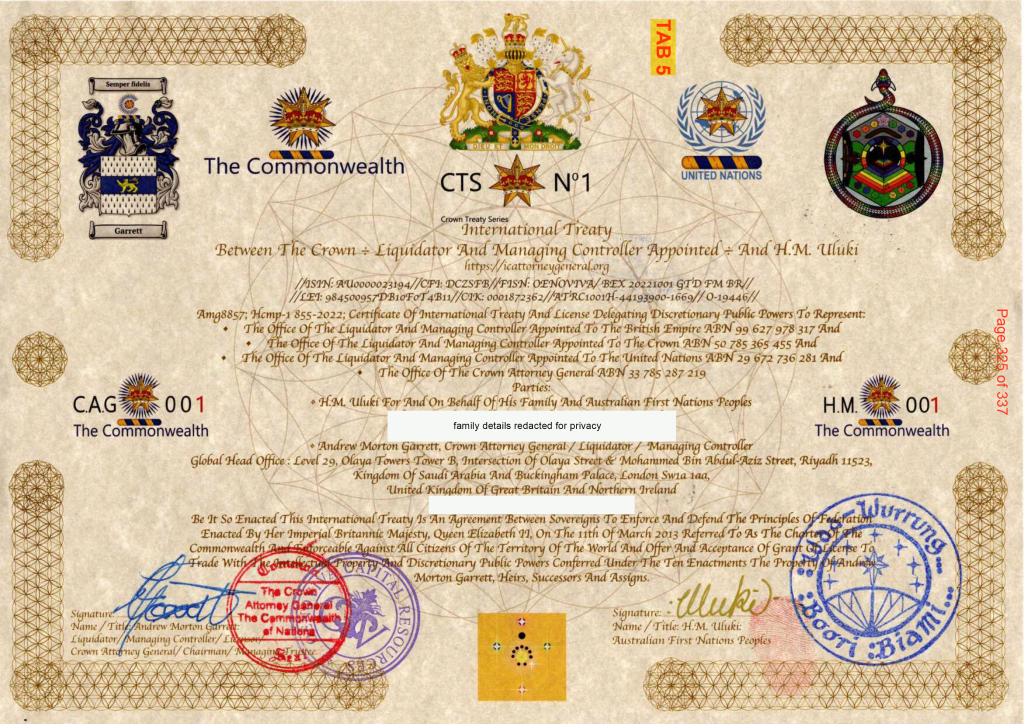 King Uluki Waa Warrung and International Crown Attorney General, internationally binding Treaty for the land of Terra Australis and her islands, 2025